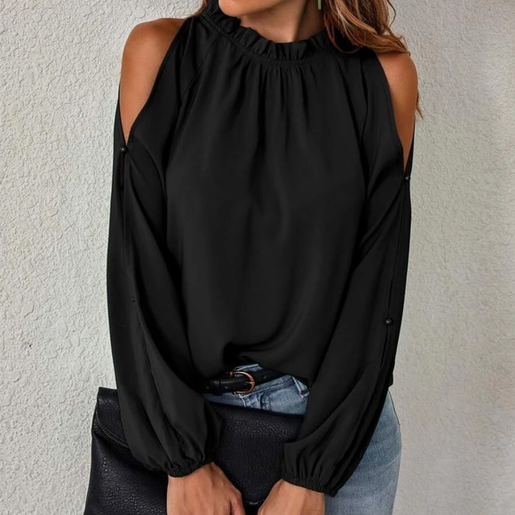 Boho Mock Neck Cold Shoulder Blouse - Picture 7 of 12